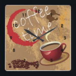 Horloge Carrée Heure du café<br><div class="desc">image d'une tasse de café, de tache de cerne de café et de grains de café. Le test dit : Heure du café.</div>