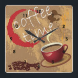 Horloge Carrée Heure du café<br><div class="desc">image d'une tasse de café, de tache de cerne de café et de grains de café. Le test dit : Heure du café.</div>