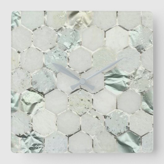 Horloge Carrée Hexagone Aqua Mint Marbre métallique Honecom (Recto)