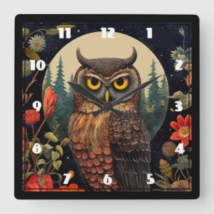 Horloge Carrée Hibou la nuit avec une pleine lune