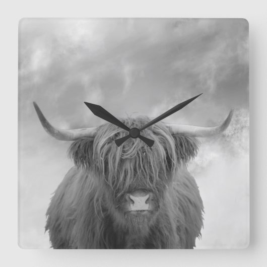 Horloge Carrée Highland Cow Scotland Clouds Black White  (Recto)
