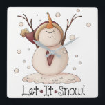 Horloge Carrée Hiver primitif de Christmas Snowman Rustic<br><div class="desc">Snowman snowflake rustic country winter Christmas square wall clock. Change the color background and personalize if desired. Juste click on the Customize. Add other matching home decor. © Trina Clark</div>