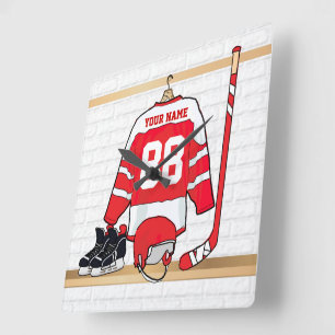 Horloge Carrée Hockey sur glace rouge et blanc personnalisé