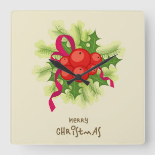 Horloge Carrée Holly Berry Christmas Wall Clock