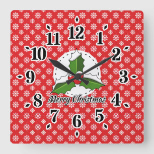 Horloge Carrée Holly sur le Motif Red White Snowflakes - Joyeux N
