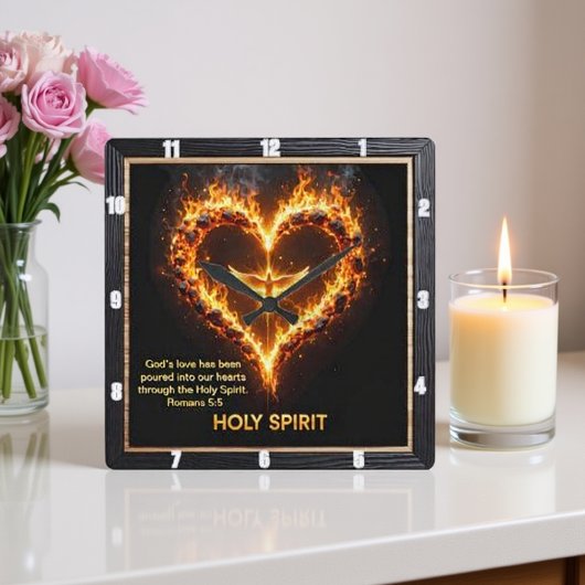 Horloge Carrée Holy Spirit Dove Flaming Heart Romans 5:5