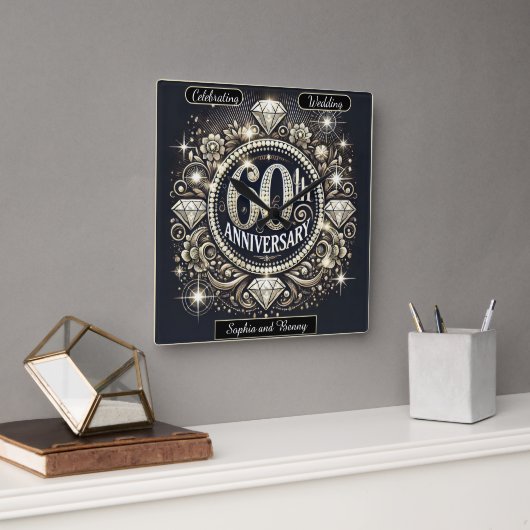 Horloge Carrée Hommage brillant : Conception du 60e anniversaire (Bureau)