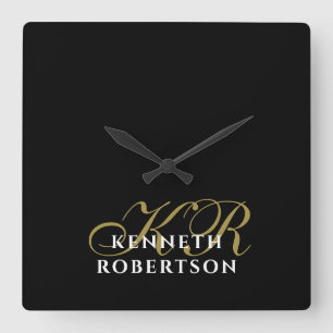 Horloge Carrée Homme Moderne Minimaliste Blanc Or Monogramme Noir