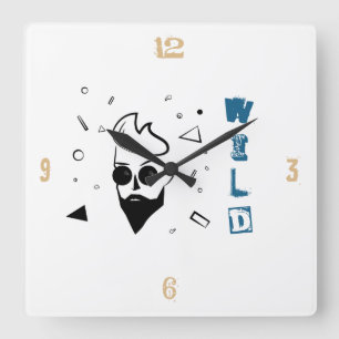 Horloge Carrée Homme sauvage - Homme croqué en noir, blanc et ble