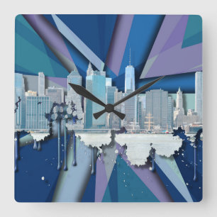 Horloge Carrée Horizon 3D bleu de New York City