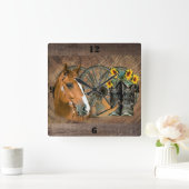 Horloge Carrée Horse Cowboy Boots Wagon Wheel Sunflowers Western (Maison)