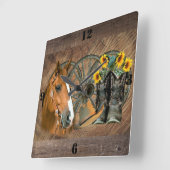Horloge Carrée Horse Cowboy Boots Wagon Wheel Sunflowers Western (Angle)