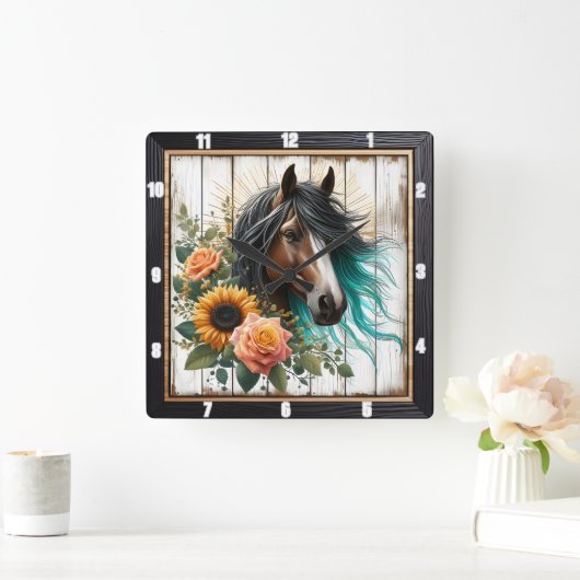 Horloge Carrée Horse Turquoise Mane Floral (Maison)