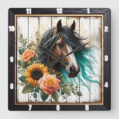 Horloge Carrée Horse Turquoise Mane Floral (Recto)