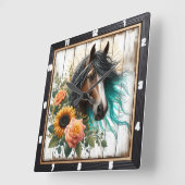 Horloge Carrée Horse Turquoise Mane Floral (Angle)