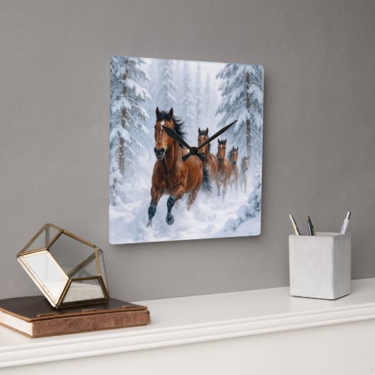Horloge Carrée Horses Running Through a Snowy Forest (Bureau)