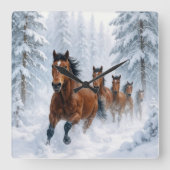 Horloge Carrée Horses Running Through a Snowy Forest (Recto)