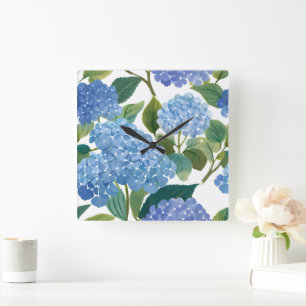 Horloge Carrée Hortensias bleus Buisson floral magnifique