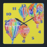 Horloge Carrée Hot Air Balloon Watercolor<br><div class="desc">Hot Air Balloon Watercolor Nursery Yellow Background Childs Room Clock. Designed from my original watercolour art.</div>