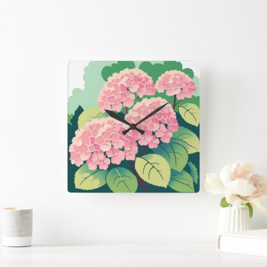 Horloge Carrée Hydrangea rose Floral Botanique (Maison)