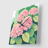 Horloge Carrée Hydrangea rose Floral Botanique (Angle)