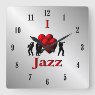 Horloge Carrée I Heart Jazz Music Argent avec chiffres noirs