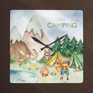 Horloge Carrée I Love Camping Bois Animaux Enfants Aquarelle