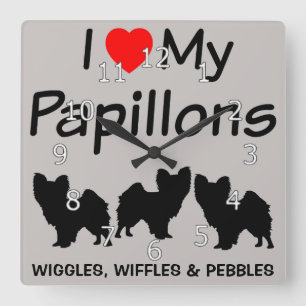 Horloge Carrée I Love My Three Papillon Dogs Clock