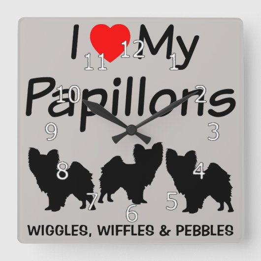 Horloge Carrée I Love My Three Papillon Dogs Clock (Recto)