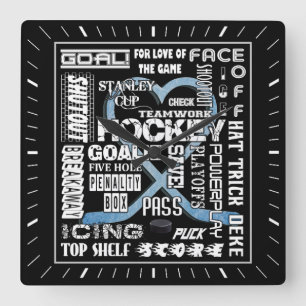 Horloge Carrée Ice Blue Heart Hockey Mots White Logo
