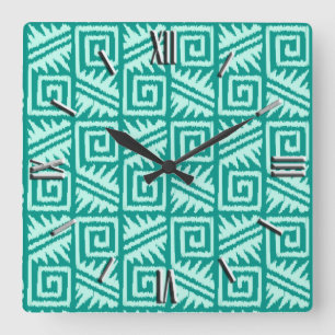 Horloge Carrée Ikat Aztec Motif - Turquoise et Aqua