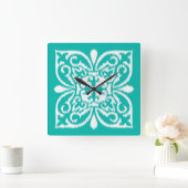 Horloge Carrée Ikat damask motif - turquoise et blanc (Maison)