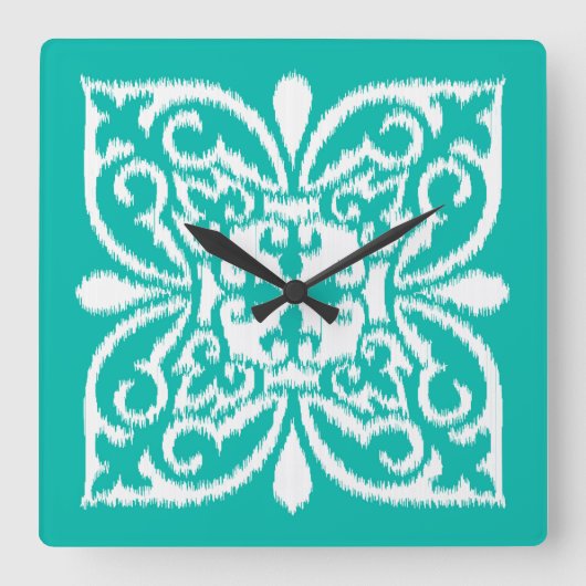 Horloge Carrée Ikat damask motif - turquoise et blanc (Recto)