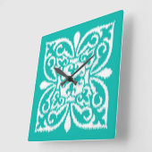 Horloge Carrée Ikat damask motif - turquoise et blanc (Angle)