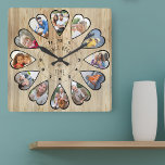 Horloge Carrée Il était une fois 12 Photos en forme de coeur Pine<br><div class="desc">Créez votre propre horloge multiphoto pour raconter votre histoire - le centre de la face de l'horloge est écrit avec "Il était une fois" en typographie manuscrite. Utilisez le modèle photo pour ajouter 12 de vos photos préférées, qui seront affichées en forme de coeur. La conception utilise des photos verticales...</div>