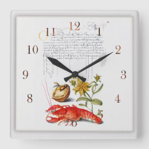 Horloge Carrée Illustration botanique vintage insecte et noyer.