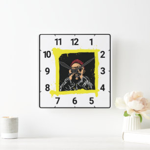 Horloge Carrée Illustration d'art graffiti cool, chemise drôle po