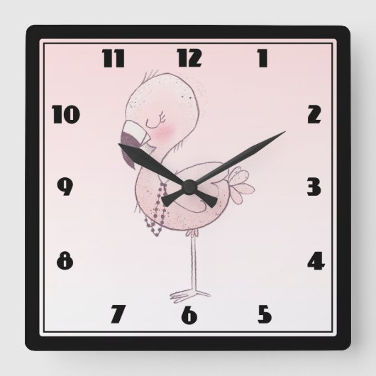 Horloge Carrée Illustration de Flamant rose rose mou (Recto)