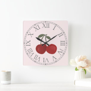 Horloge Carrée Illustration de fruits Cerises Rouges