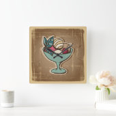 Horloge Carrée Illustration de la crème glacée en style rétro (Maison)