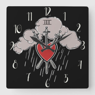 Horloge Carrée Illustration de l'Amour du 3 d'Épées dans le Tarot