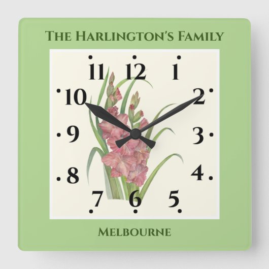 Horloge Carrée Illustration de l'aquarelle saumon Peach Gladioli (Recto)