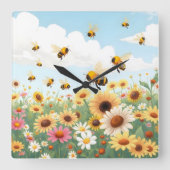 Horloge Carrée Illustration des abeilles mignons et des fleurs (Recto)
