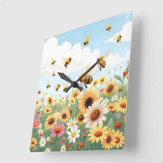 Horloge Carrée Illustration des abeilles mignons et des fleurs (Angle)