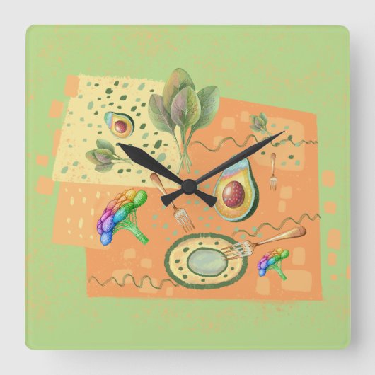 Horloge Carrée illustration des aliments sains (Recto)