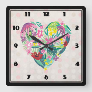 Horloge Carrée Illustration du coeur floral en rose et vert