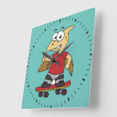 Horloge Carrée Illustration D'Un Skateboard De Ptérosaure. (Angle)