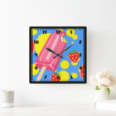 Horloge Carrée Illustration Fun Pink Popsicle and Strawberries (Maison)