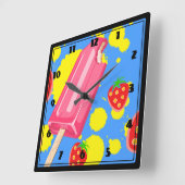 Horloge Carrée Illustration Fun Pink Popsicle and Strawberries (Angle)