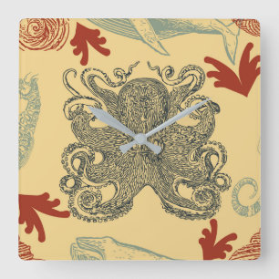 Horloge Carrée Illustration marine de la pieuvre bleue Vintage
